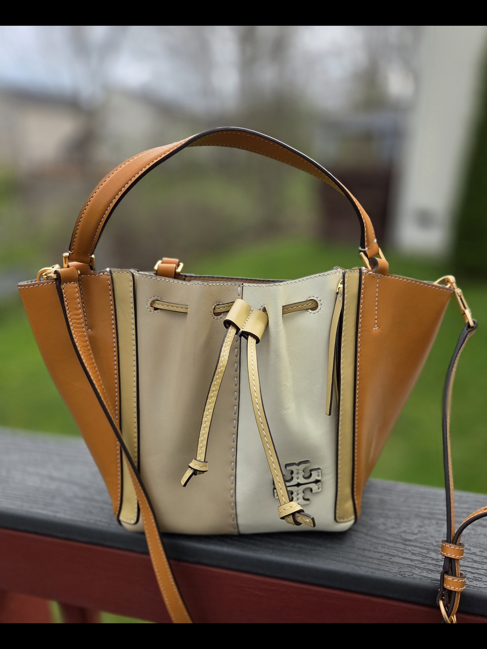 Tory Burch Two-Tone Dragonfly Drawstring Bucket Bag in Squash, Tan And Cream